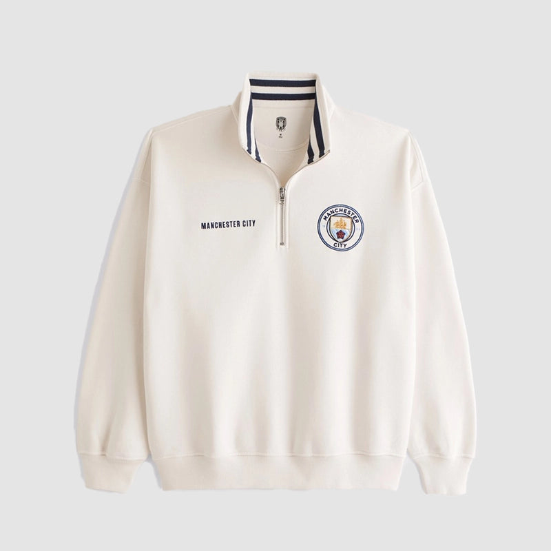 Manchester City FC Graphic Half-Zip Sweatshirt Sweatshirt unisex front product view | Dash Racegear — Man City Half-Zip Sweatshirt – Ultimate Blend of Comfort and Team Spirit