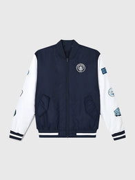 Manchester City Varsity Bomber Jacket Bomber Jacket unisex front product view | Dash Racegear — Front image of Manchester City Varsity Bomber Jacket