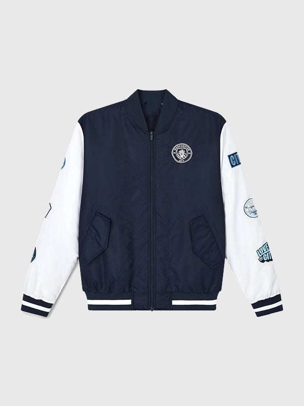 Manchester City Varsity Bomber Jacket Bomber Jacket unisex front product view | Dash Racegear — Front image of Manchester City Varsity Bomber Jacket