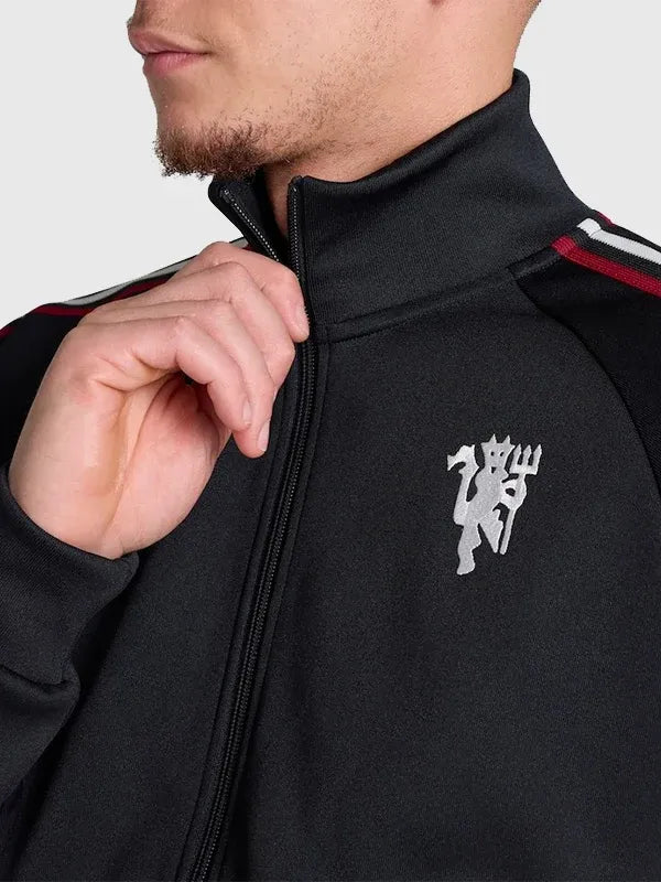 Manchester United x adidas Track Jacket Jacket unisex detail view 3 | Dash Racegear — adidas x Manchester United unisex black track jacket with relaxed fit and bold club logo on chest.