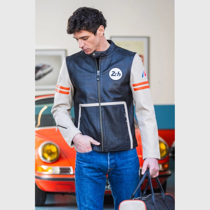 Mans Karl 24H Le Ecru Black Leather Jacket Leather Jacket unisex front product view | Dash Racegear — Exclusive Mans Karl 24H Le Ecru Black Leather Outerwear Piece