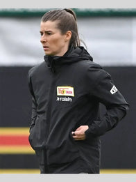 Marie-Louise Eta Union Berlin Training Jacket Jacket unisex front product view | Dash Racegear — Marie-Louise Eta Union Berlin black hooded training jacket, sleek sporty layer for football training and streetwear.