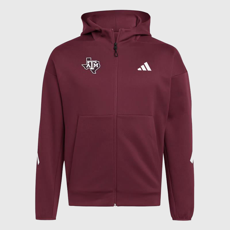 Adidas Texas A&M Aggies Player Travel ZNE Hoodie Hoodie unisex front product view | Dash Racegear — Adidas Texas A&M Travel Hoodie – Comfort for On-the-Go Supporters