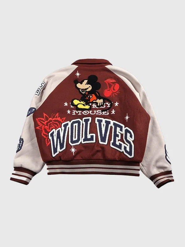 Mickey Mouse Wolves Club Rudy Letterman Jacket Jacket unisex detail view 4 | Dash Racegear — Maroon Mickey Mouse Wolves Club Roxy Box Cut Rudy letterman varsity jacket crafted for premium comfort and versatile everyday fashion.