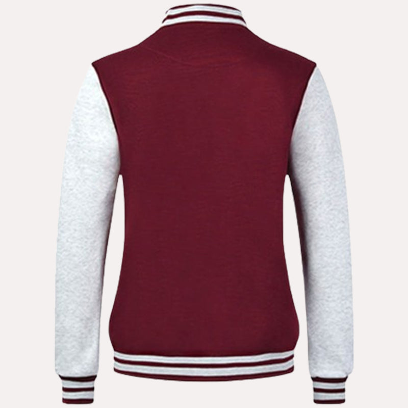 Womens Maroon and Grey Varsity Jacket Varsity Jacket women detail view 2 | Dash Racegear — Maroon and Grey Varsity Jacket