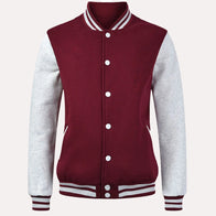 Womens Maroon and Grey Varsity Jacket Varsity Jacket women front product view | Dash Racegear — Maroon and Grey Fleeece Varsity Jacket