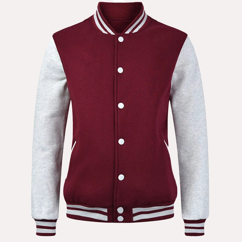 Womens Maroon and Grey Varsity Jacket Varsity Jacket women front product view | Dash Racegear — Maroon and Grey Fleeece Varsity Jacket