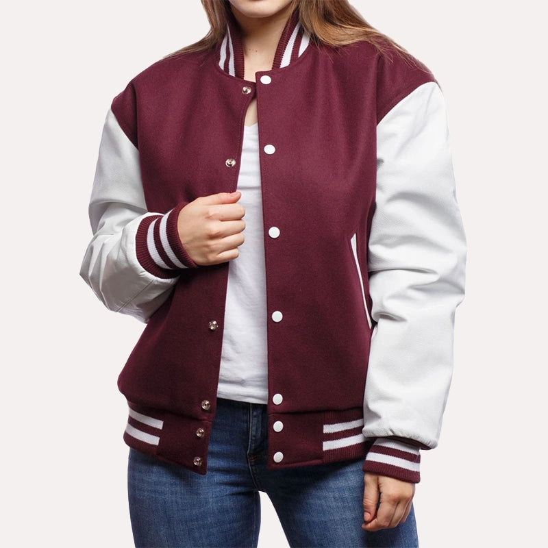 Womens Maroon and White Leather Sleeves Varsity Jacket Varsity Jacket women front product view | Dash Racegear — Maroon and White Wool and Leather Sleeves Varsity Jacket