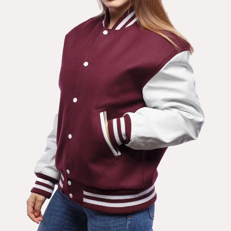 Womens Maroon and White Leather Sleeves Varsity Jacket Varsity Jacket women detail view 2 | Dash Racegear — Maroon and White Leather Sleeves Varsity Jacket