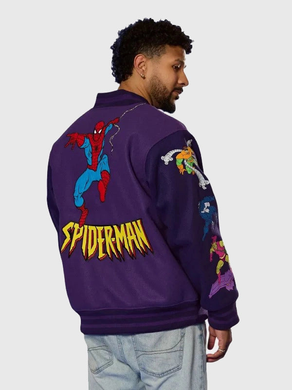 Cakeworthy Spider Man 90’s Varsity Jacket Varsity Jacket unisex detail view 3 | Dash Racegear — Cakeworthy Spider-Man Marvel Comics varsity jacket blending retro comic-inspired design with premium everyday wearability.