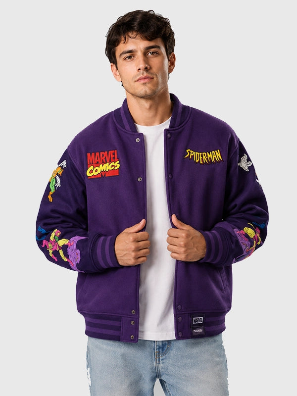 Cakeworthy Spider Man 90’s Varsity Jacket Varsity Jacket unisex front product view | Dash Racegear — 90's Spider-Man Marvel Comics Cakeworthy Purple Varsity Jacket featuring premium comfort and retro superhero-inspired everyday style.