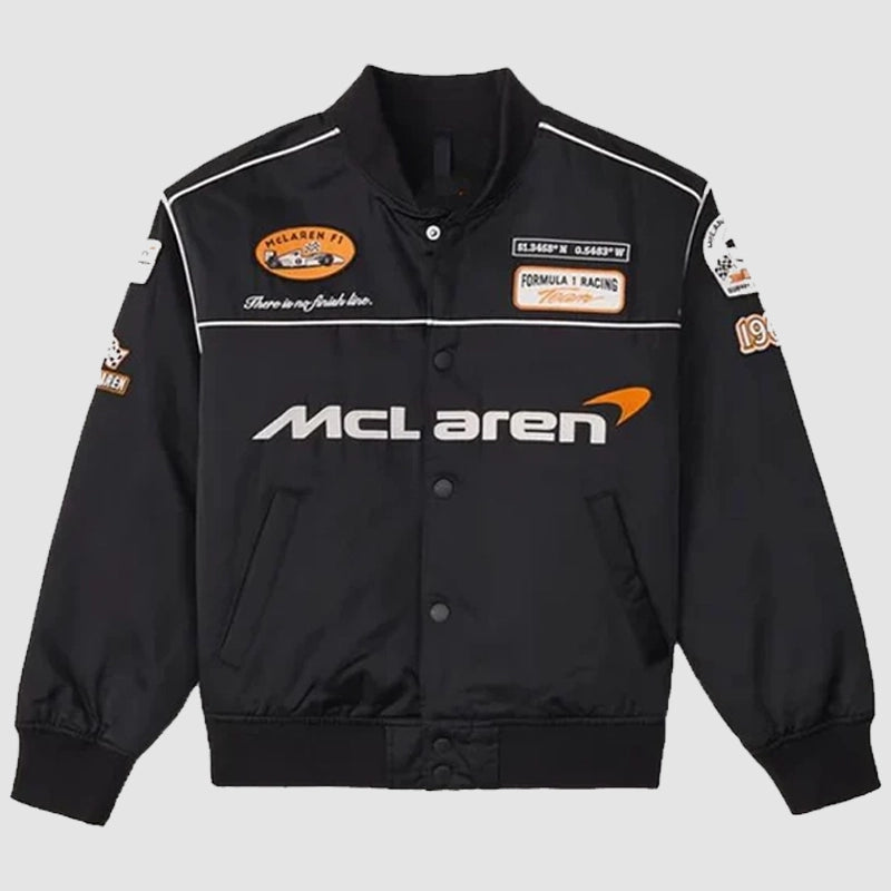 McLaren Bomber Black Jacket Jacket unisex front product view | Dash Racegear — Street-Ready McLaren Jacket – All-Black Bomber