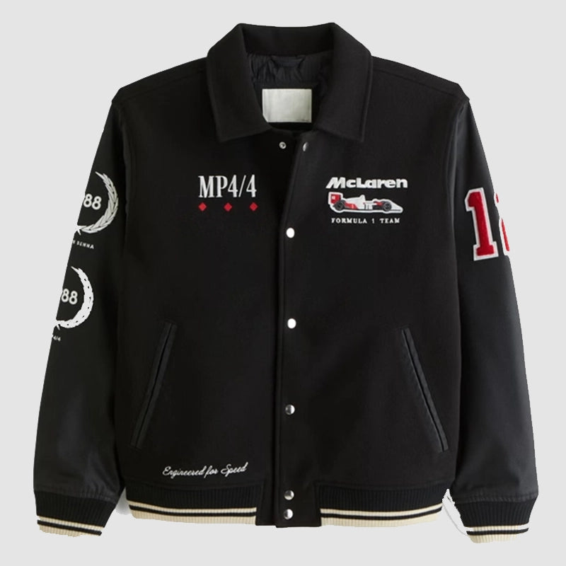 Abercrombie McLaren Varsity Jacket Varsity Jacket unisex front product view | Dash Racegear — Racing-Inspired McLaren Abercrombie Varsity