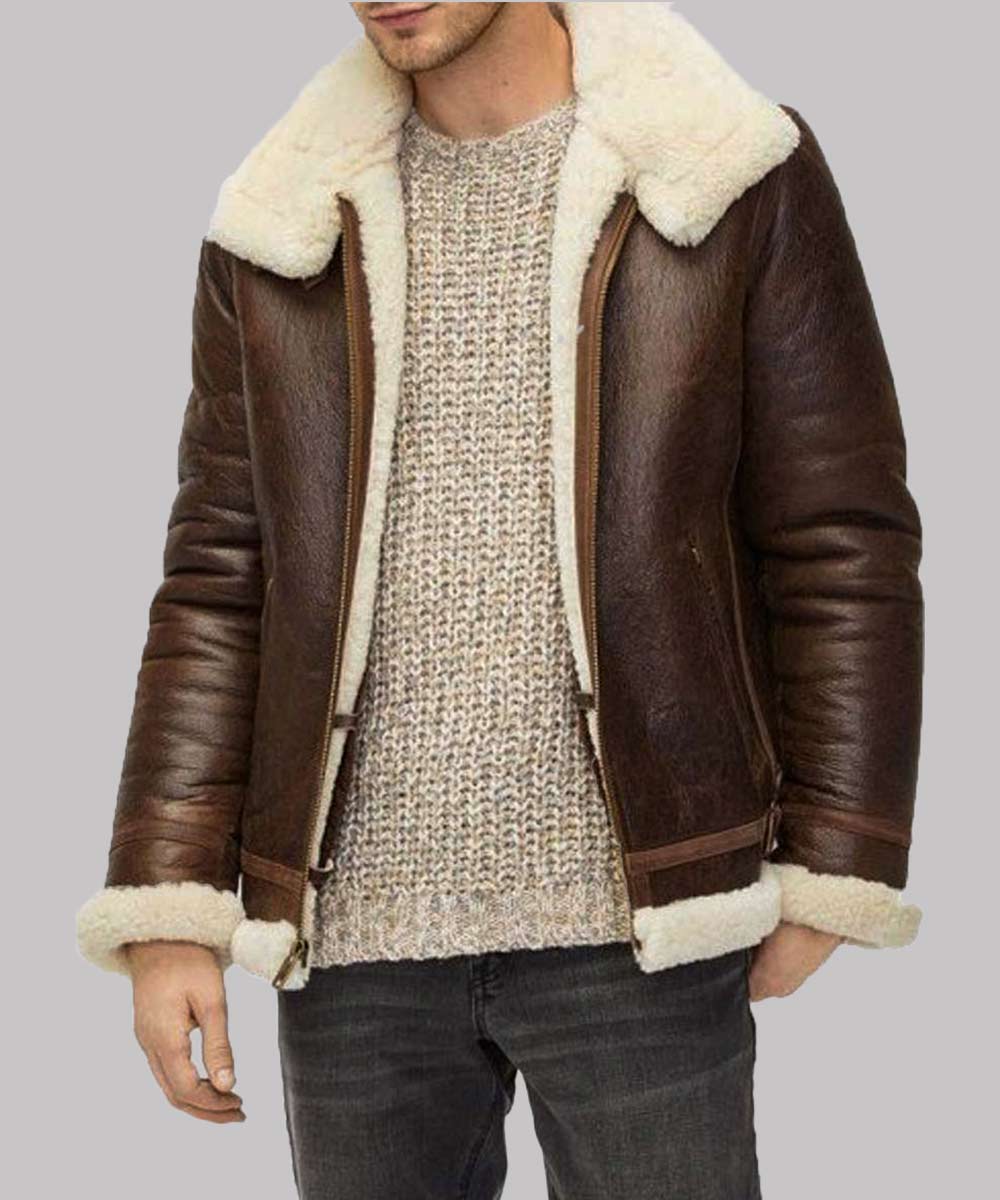 Mens Aviator Brown Shearling Leather Jacket Leather Jacket men front product view | Dash Racegear — Mens Aviator Faux Shearling Brown Leather Jacket