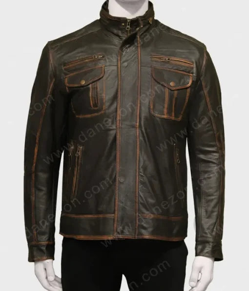 Men Brown Zipper Pockets Leather Jacket Leather Jacket men front product view | Dash Racegear — Men-Brown-Zipper-Pockets-Leather-Jacket-510×595