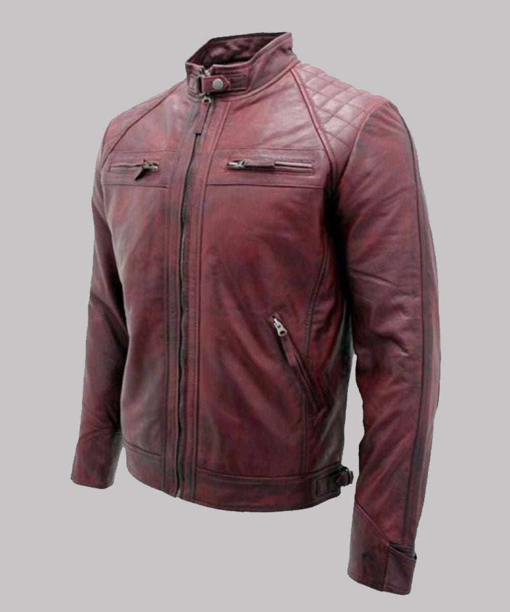 Men’s Burgundy Leather Jacket Biker Jacket men detail view 2 | Dash Racegear — Mens Café Racer Leather Burgundy Jacket