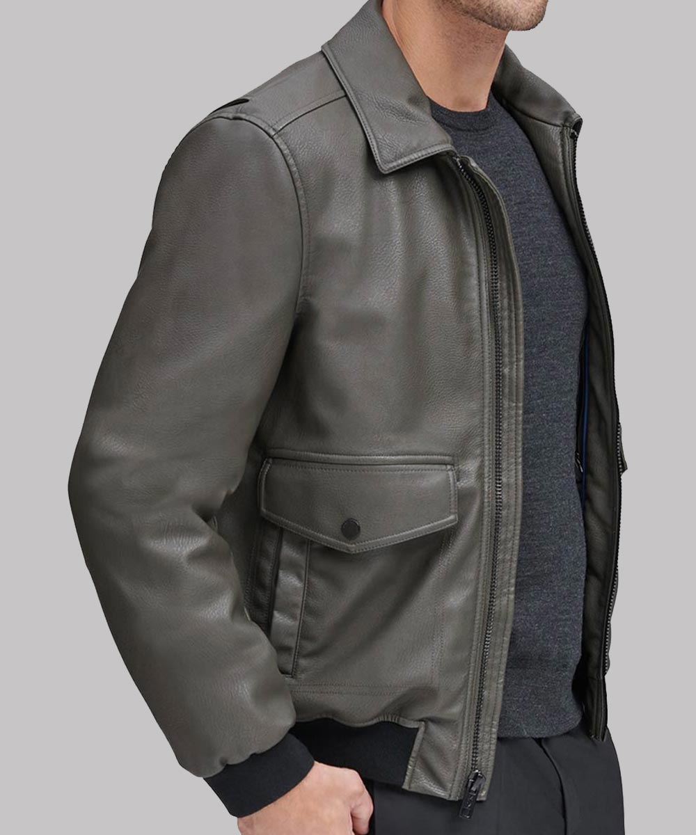 Mens Grey Leather Bomber Jacket Bomber Jacket men detail view 2 | Dash Racegear — Grey Bomber Leather Jacket