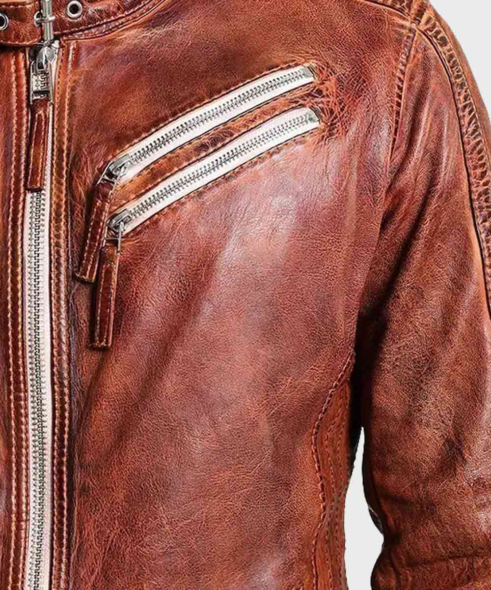 Mens Vintage Brown Distressed Biker Jacket Biker Jacket men detail view 2 | Dash Racegear — Vintage Distressed Brown Biker Leather Jacket for Mens