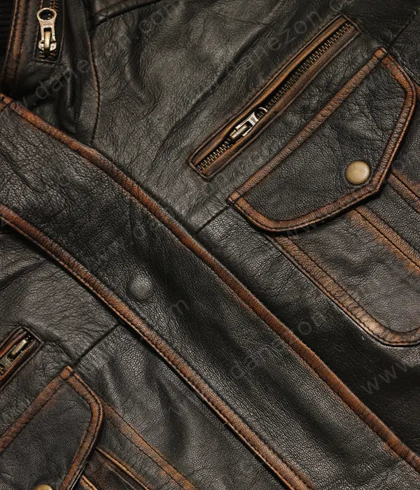 Men Brown Zipper Pockets Leather Jacket Leather Jacket men detail view 3 | Dash Racegear — Men Brown Zipper Pockets Leather Jacket