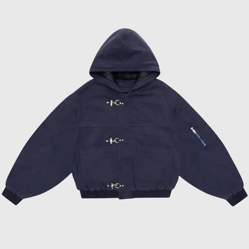 Shinzo Shige 15oz Navy Canvas Clasp Bomber Jacket Bomber Jacket unisex front product view | Dash Racegear — Structured navy canvas clasp bomber by Shinzo Shige for refined street looks