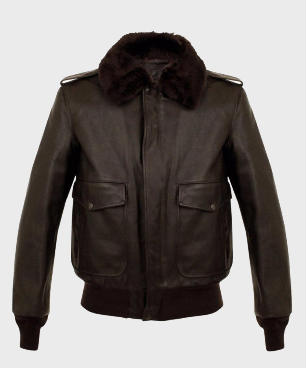 Mens A2 Brown Aviator Bomber Leather Jacket Leather Jacket men front product view | Dash Racegear — Brown Shearling A2 Bomber Leather Jacket