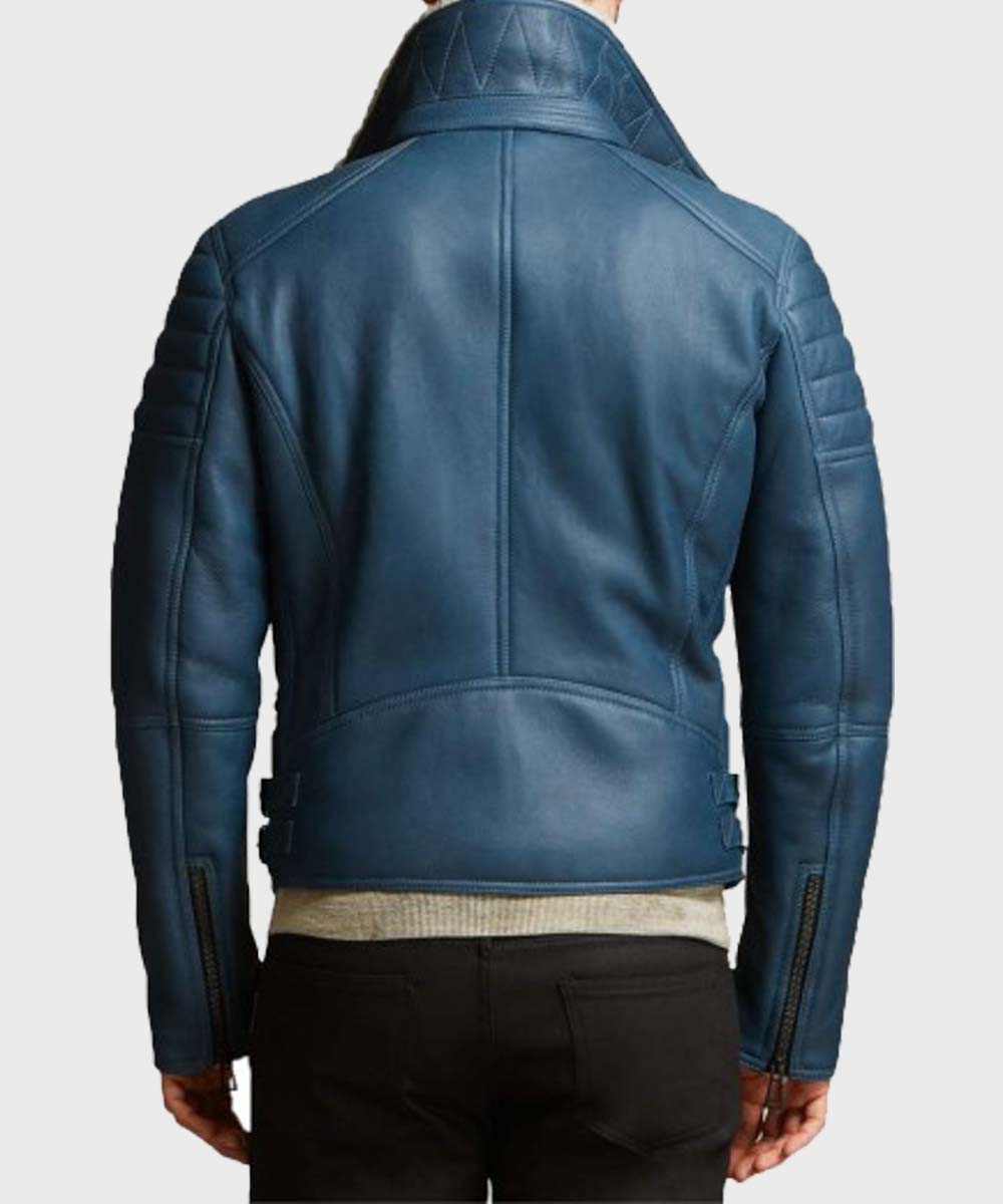 Mens Shearling Blue Leather Jacket Leather Jacket men detail view 2 | Dash Racegear — Blue Motorcycle Shearling Leather Jacket for Mens