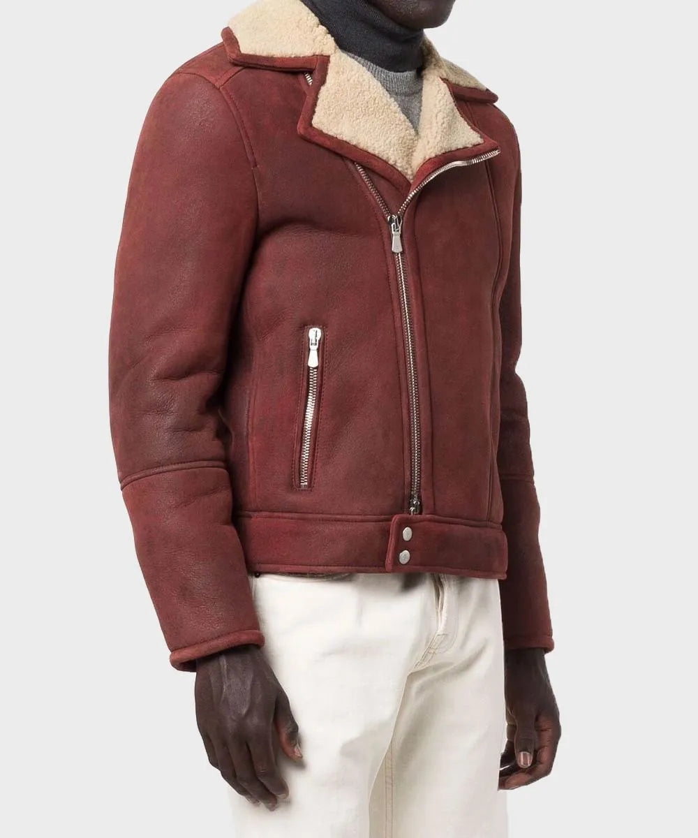 Men’s Shearling Burgundy Leather Jacket Leather Jacket men detail view 2 | Dash Racegear — Mens-Asymmetrical-Burgundy-Sheepskin-Leather-Shearling-Jacket