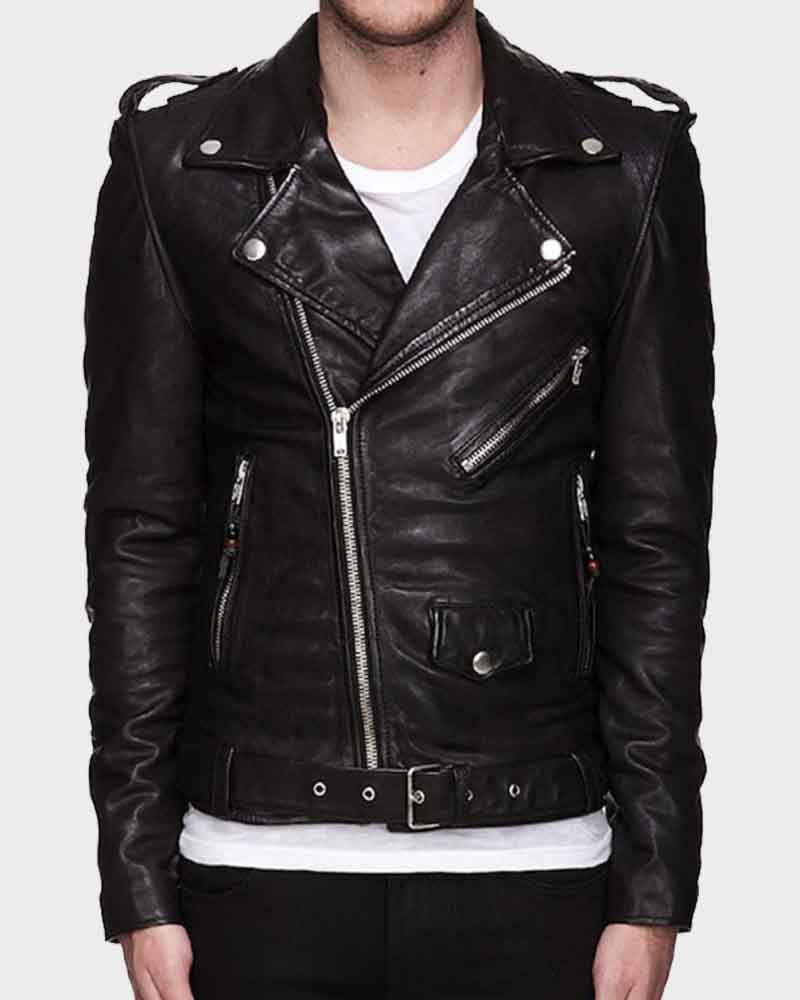 Mens Asymmetrical Zipper Motorcycle Leather Jacket Biker Jacket men front product view | Dash Racegear — Asymmetrical Zipper Mens Motorcycle Leather Jacket