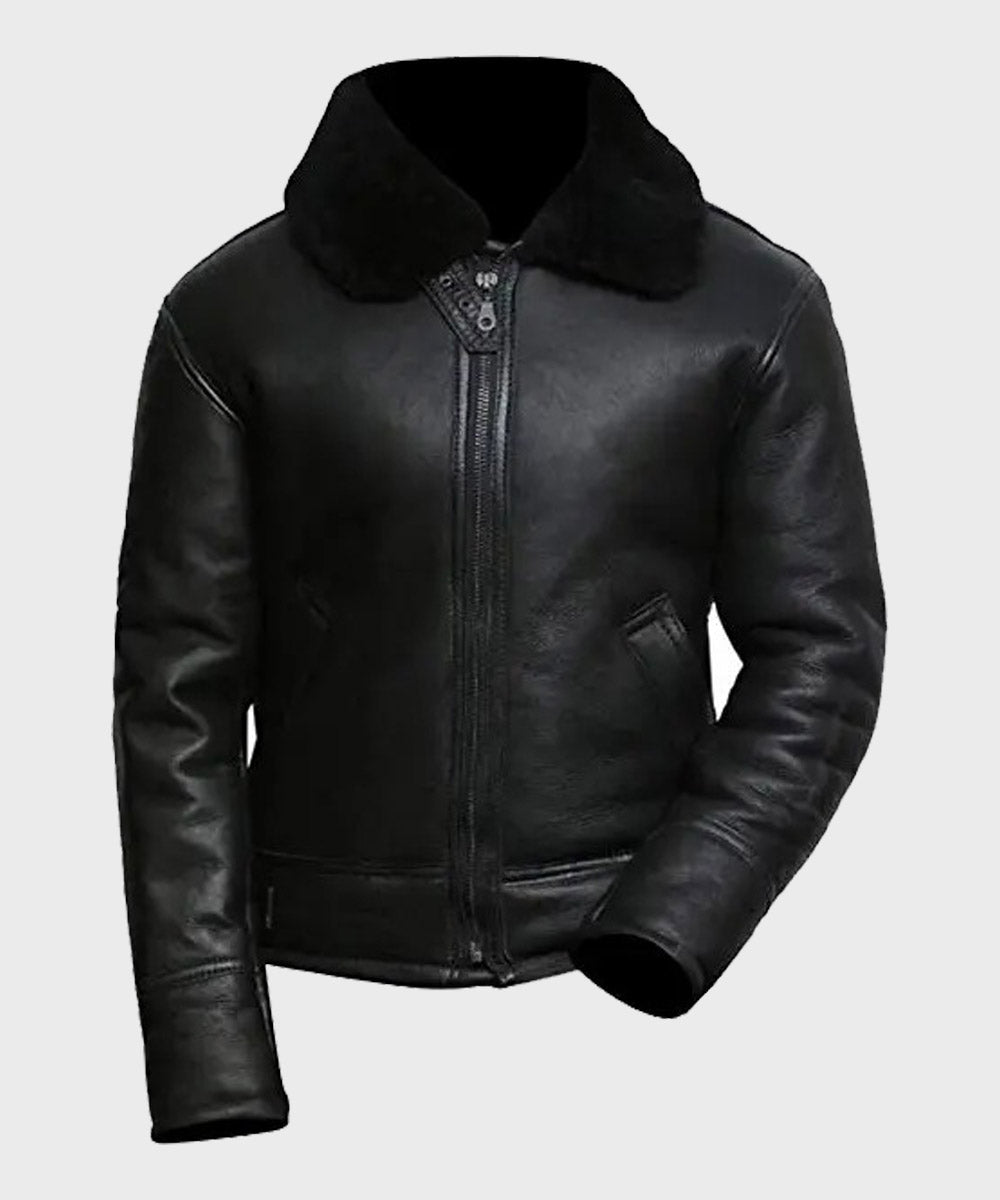Mens Aviator Black B3 Shearling Leather Jacket Leather Jacket men front product view | Dash Racegear — Mens Black Sheepskin B3 Aviator Jacket