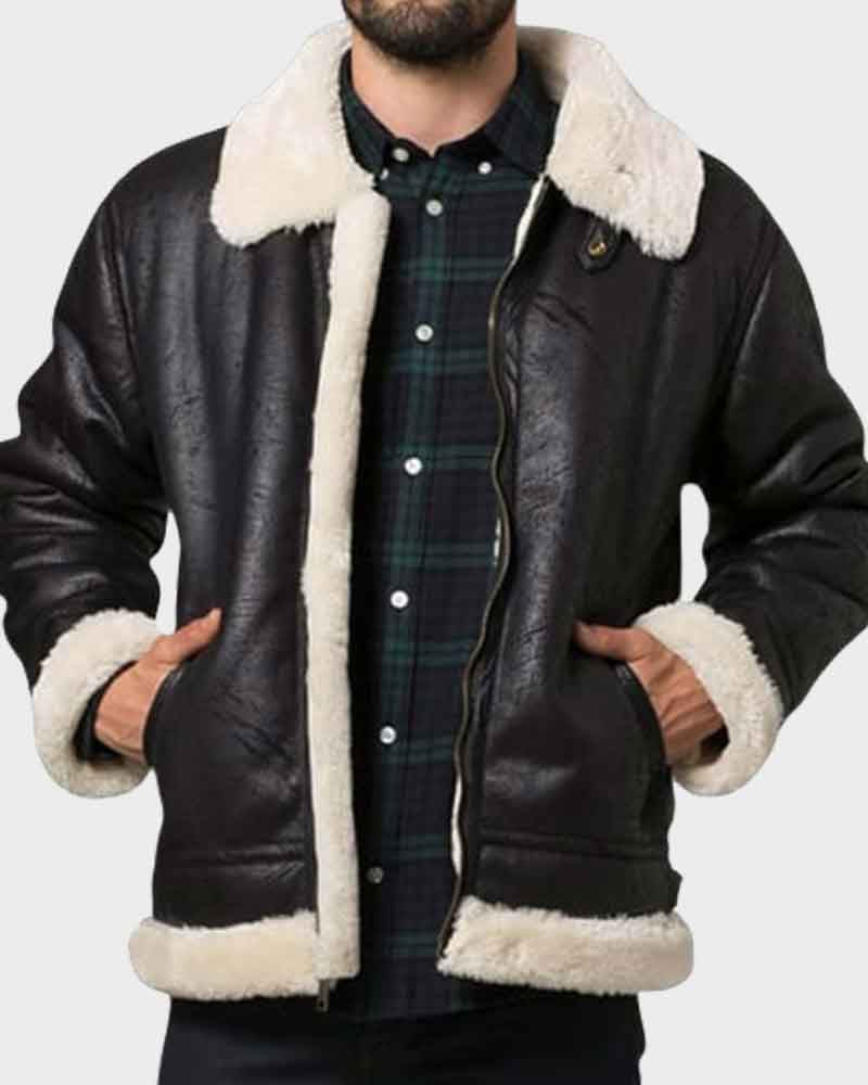 Mens Aviator Black Shearling Jacket Jacket men front product view | Dash Racegear — Mens Aviator Style Black Shearling Leather Jacket