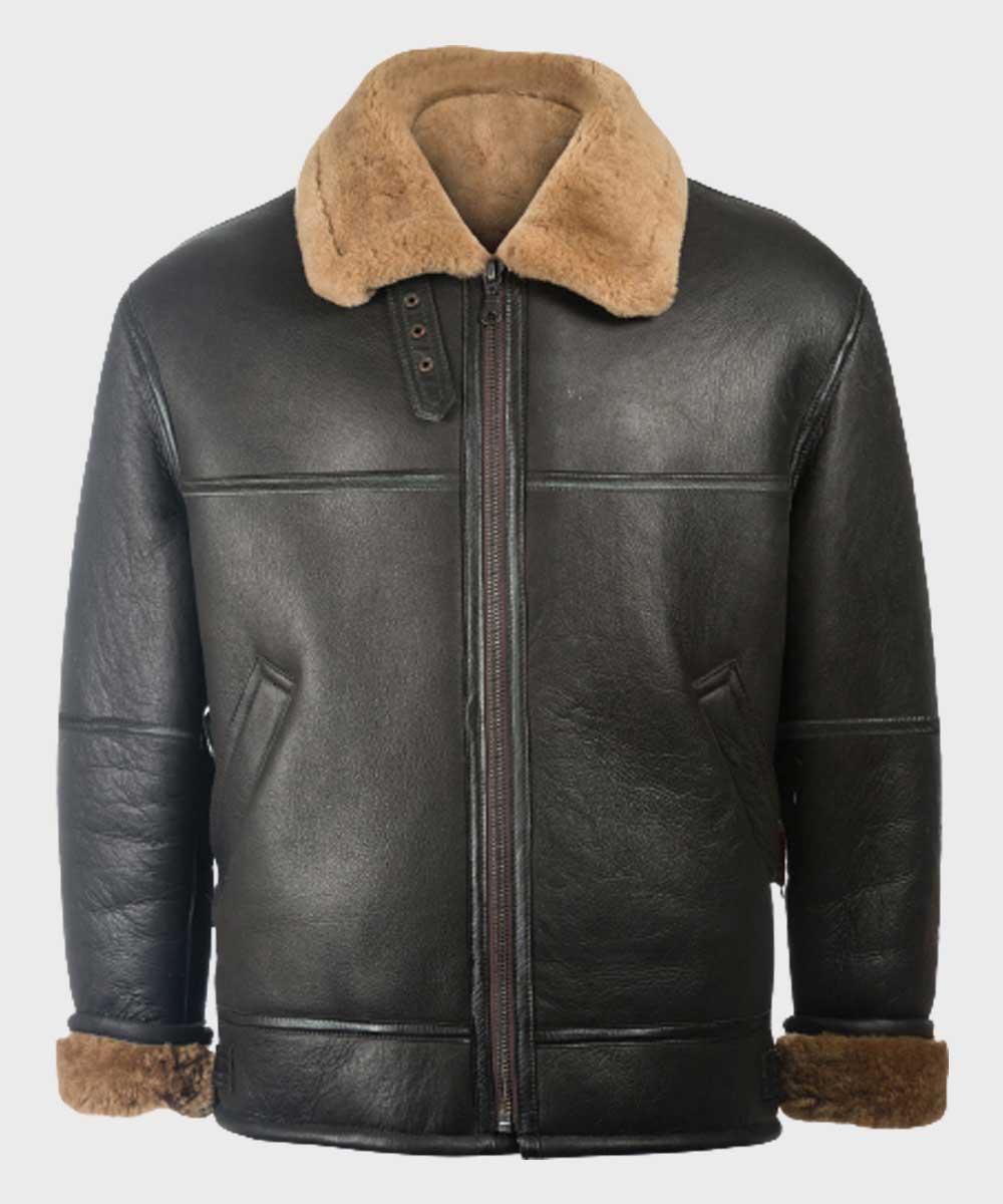Mens Aviator Black Shearling Sheepskin B3 Leather Jacket Leather Jacket men front product view | Dash Racegear — Black Shearling Sheepskin Leather B3 Jacket for Mens