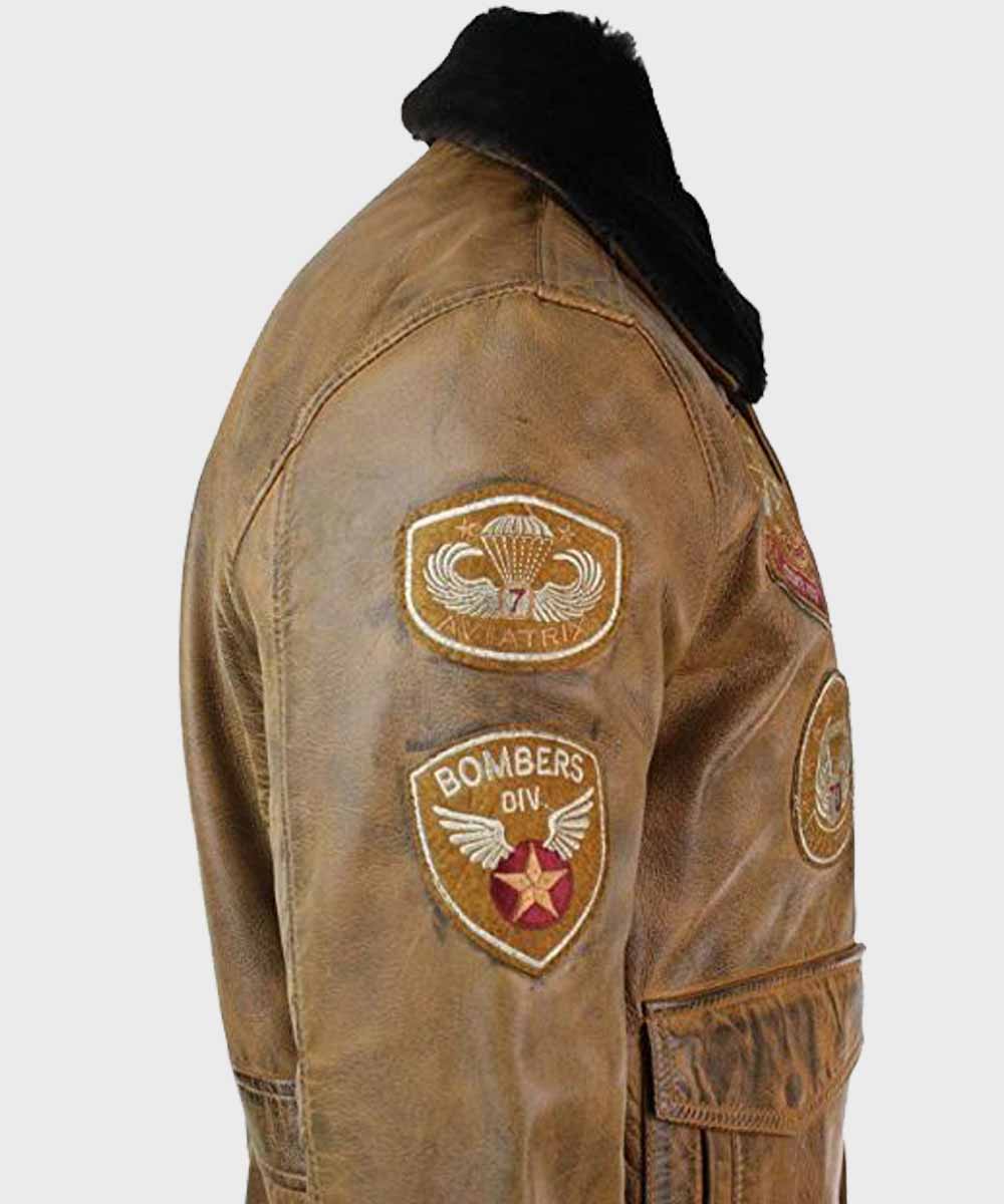 Mens Aviator Tan Bomber Leather Jacket Leather Jacket men detail view 2 | Dash Racegear — Mens Aviator Tan Bomber Leather Jacket