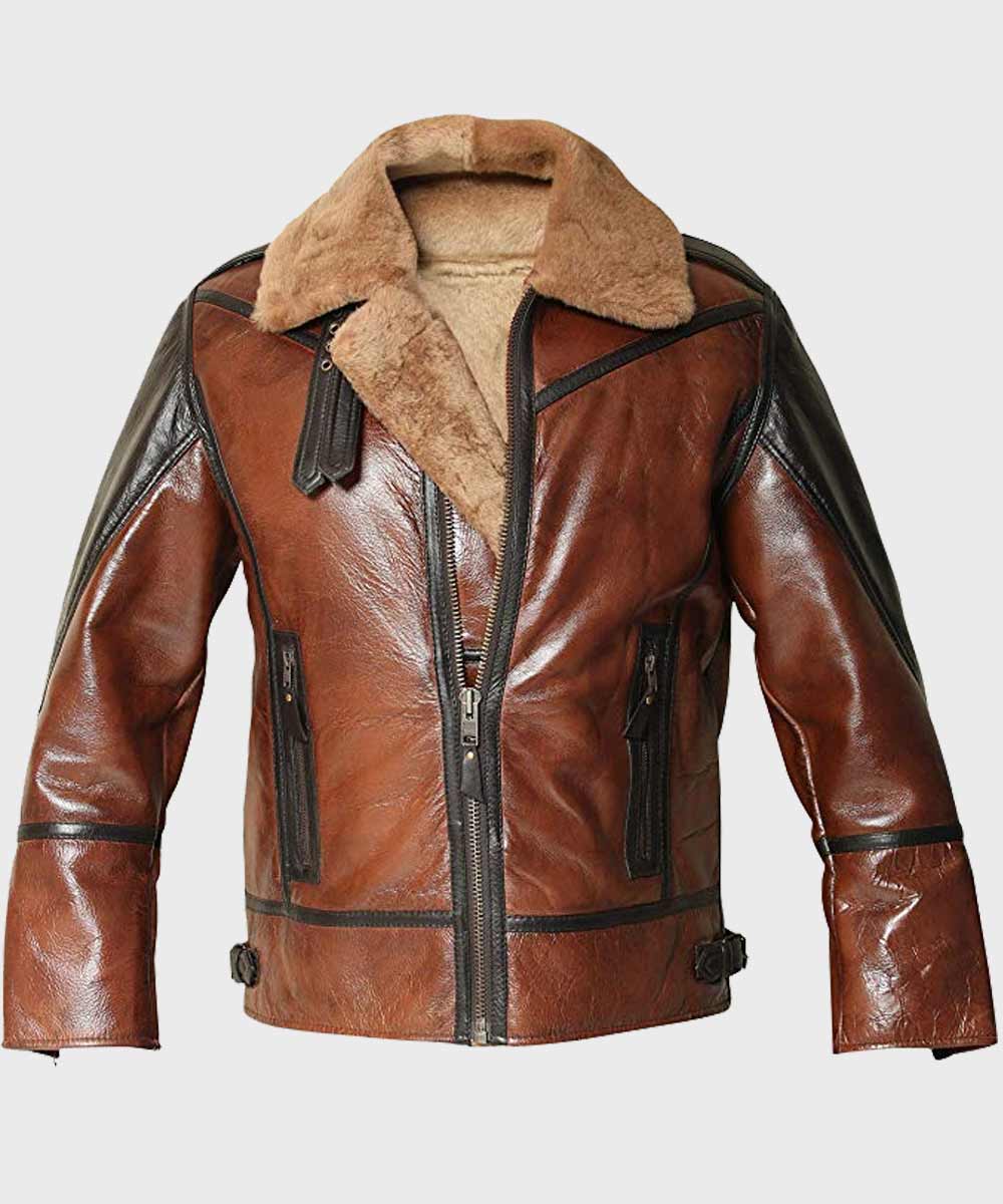 Mens Aviator B3 Brown Distressed Shearling Jacket Jacket men detail view 2 | Dash Racegear — Mens B3 Brown Shearling Aviator Leather Jacket