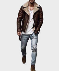 Mens Brown Shearling Distressed Sheepskin Leather Jacket Leather Jacket men detail view 2 | Dash Racegear — Mens Aviator Shearling Brown Distressed Sheepskin Leather Jacket