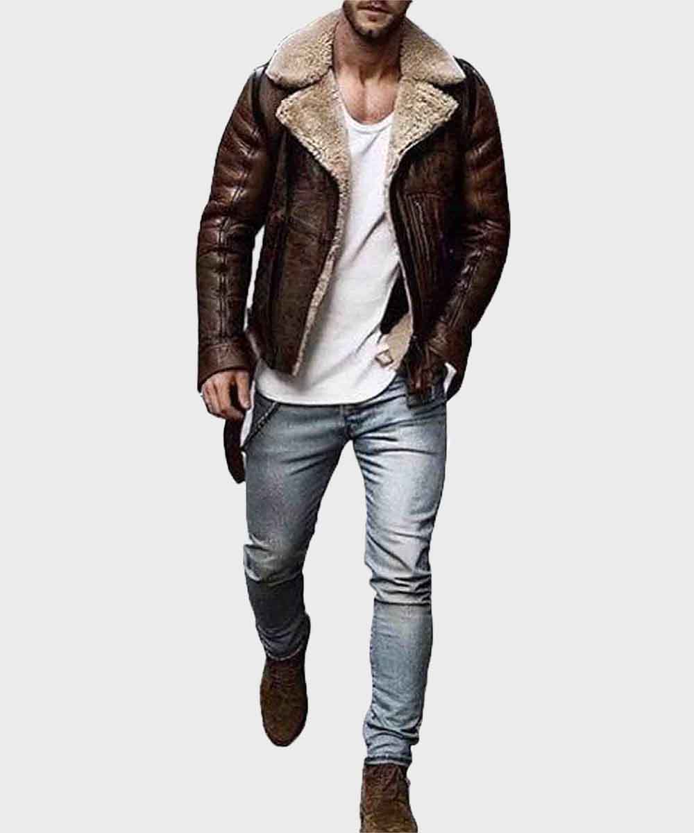 Mens Brown Shearling Distressed Sheepskin Leather Jacket Leather Jacket men detail view 2 | Dash Racegear — Mens Aviator Shearling Brown Distressed Sheepskin Leather Jacket