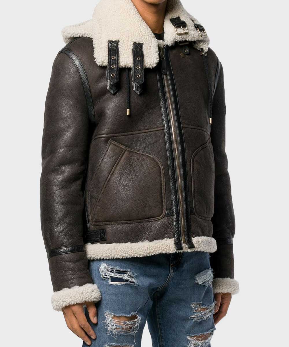Mens Aviator Charcoal Grey Shearling Hooded Jacket Jacket men front product view | Dash Racegear — Mens Charcoal Grey Aviator Shearling Jacket