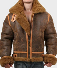 Mens Aviator Distressed Leather Shearling Jacket Jacket men front product view | Dash Racegear — Mens Aviator Shearling Distressed Brown Leather Jacket