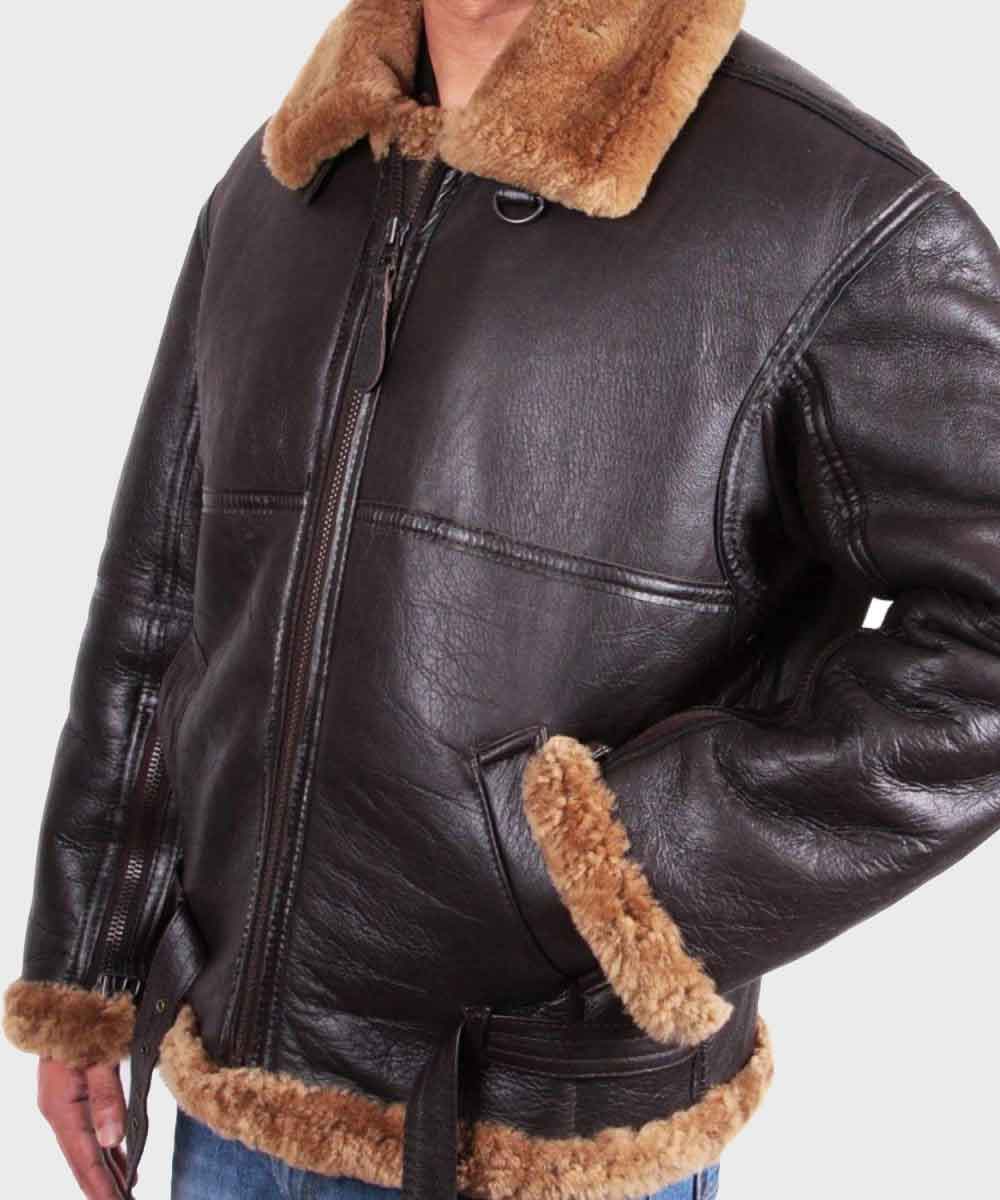 Mens Flying B3 Sheepskin Brown Shearling Jacket Jacket men detail view 2 | Dash Racegear — Mens Brown B3 Sheepskin Leather Aviator Shearling Jacket