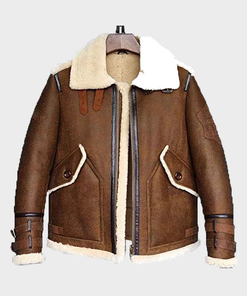 Mens Aviator Brown B3 Shearling Flight Leather Jacket Leather Jacket men front product view | Dash Racegear — Mens B3 Shearling Sheepskin Aviator Leather Jacket