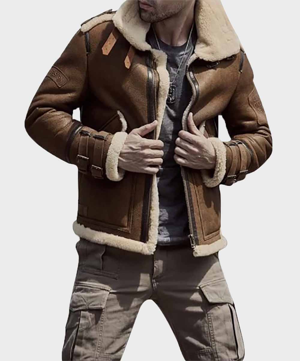 Mens Aviator Brown B3 Shearling Flight Leather Jacket Leather Jacket men detail view 3 | Dash Racegear — Mens Aviator B3 Flight Shearling Brown Leather Jacket