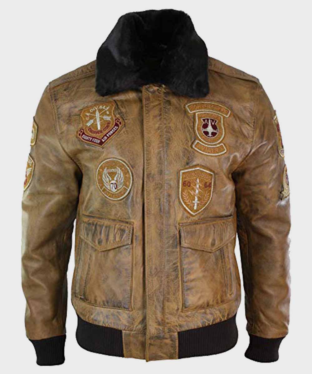 Mens Aviator Tan Bomber Leather Jacket Leather Jacket men front product view | Dash Racegear — Mens Aviator Tan Fur Collar Bomber Jacket