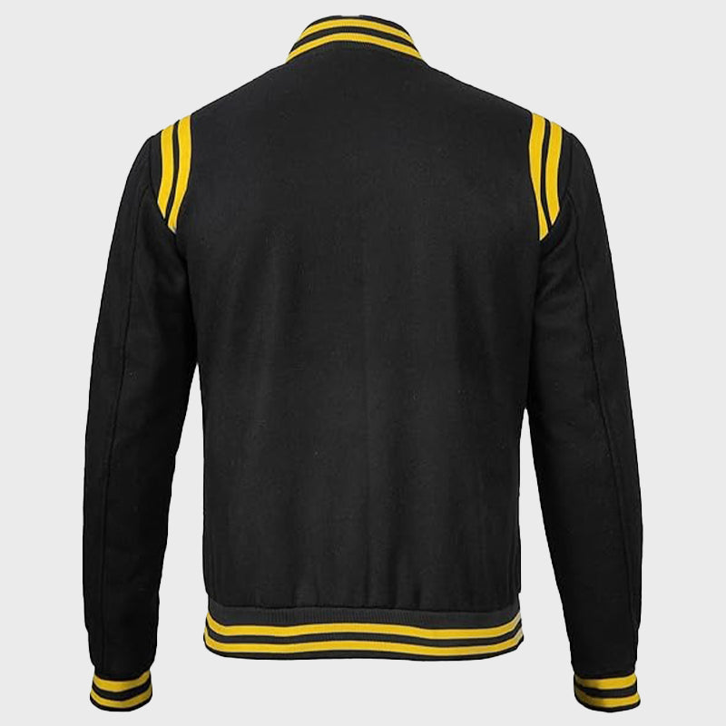 Mens Black And Yellow Baseball Varsity Jacket Varsity Jacket men detail view 4 | Dash Racegear — Mens Baseball Varsity Jacket Black And Yellow