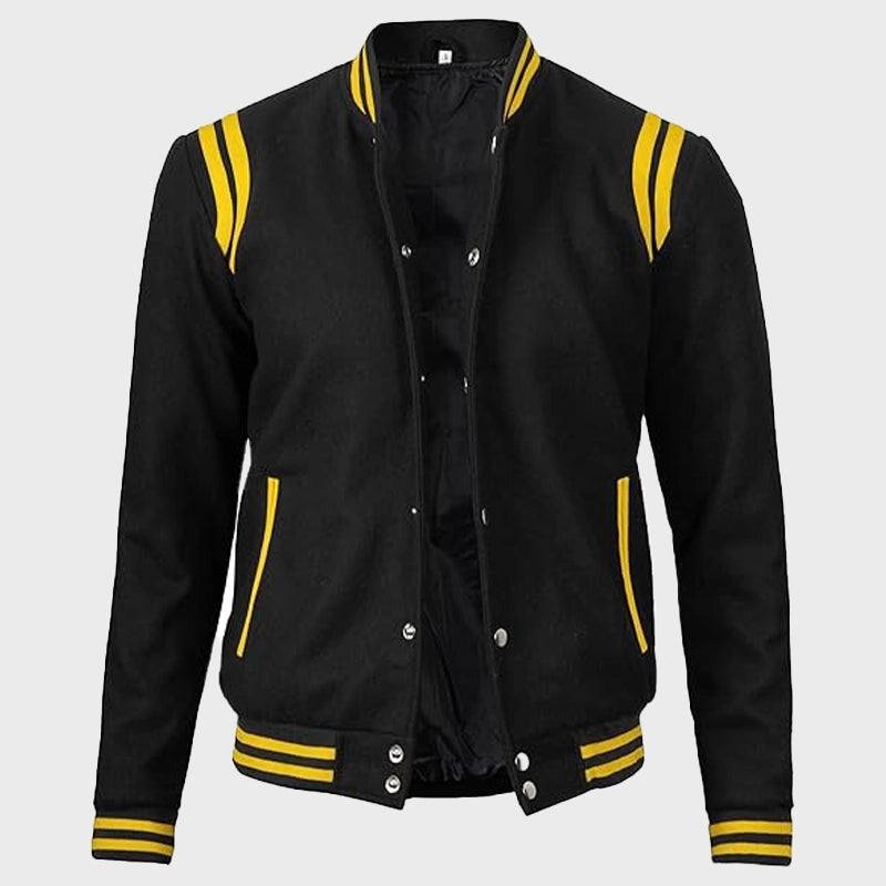 Mens Black And Yellow Baseball Varsity Jacket Varsity Jacket men detail view 2 | Dash Racegear — Mens Black And Yellow Baseball Varsity Jacket
