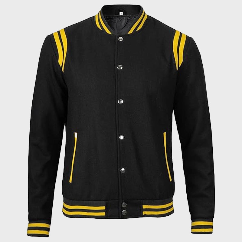 Mens Black And Yellow Baseball Varsity Jacket Varsity Jacket men detail view 3 | Dash Racegear — Mens Baseball Black And Yellow Varsity Jacket