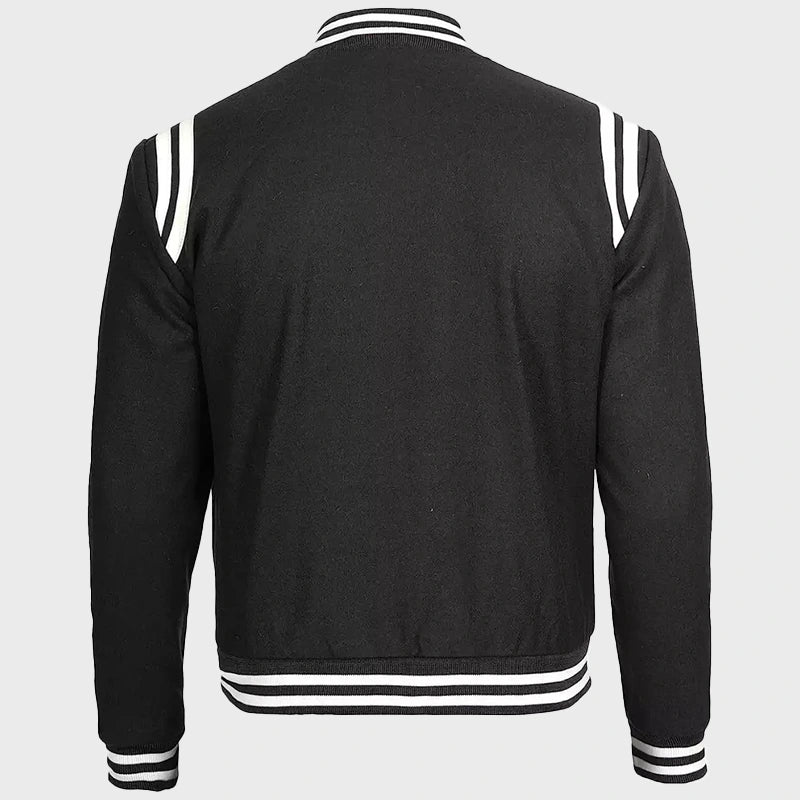 Mens Black And White Baseball Varsity Jacket Varsity Jacket unisex detail view 4 | Dash Racegear — Mens Black And White Varsity Baseball Jacket