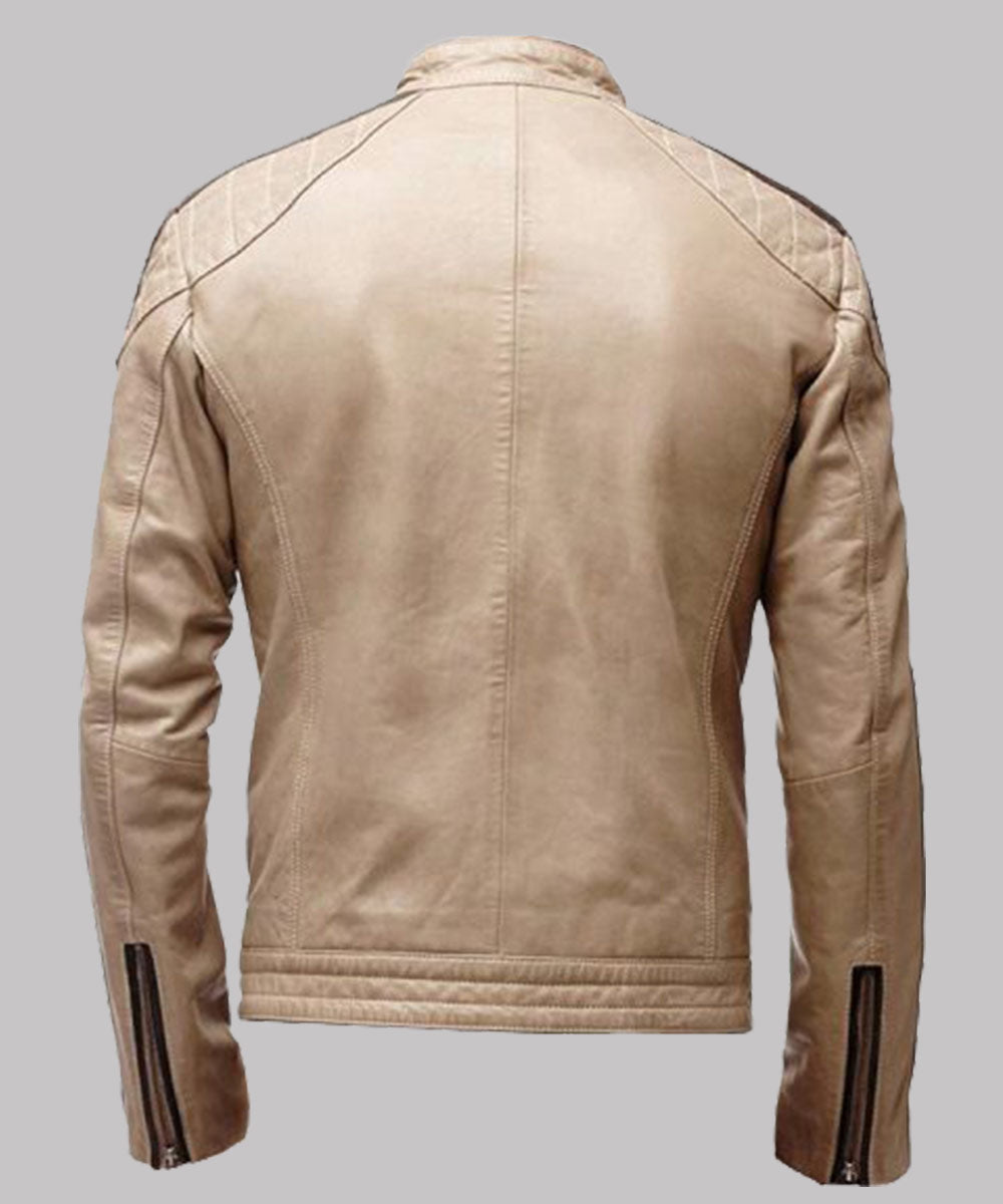 Men’s Biker Beige Color Leather Jacket Leather Jacket men detail view 2 | Dash Racegear — Mens Brown Stripe Beige Color Leather Jacket