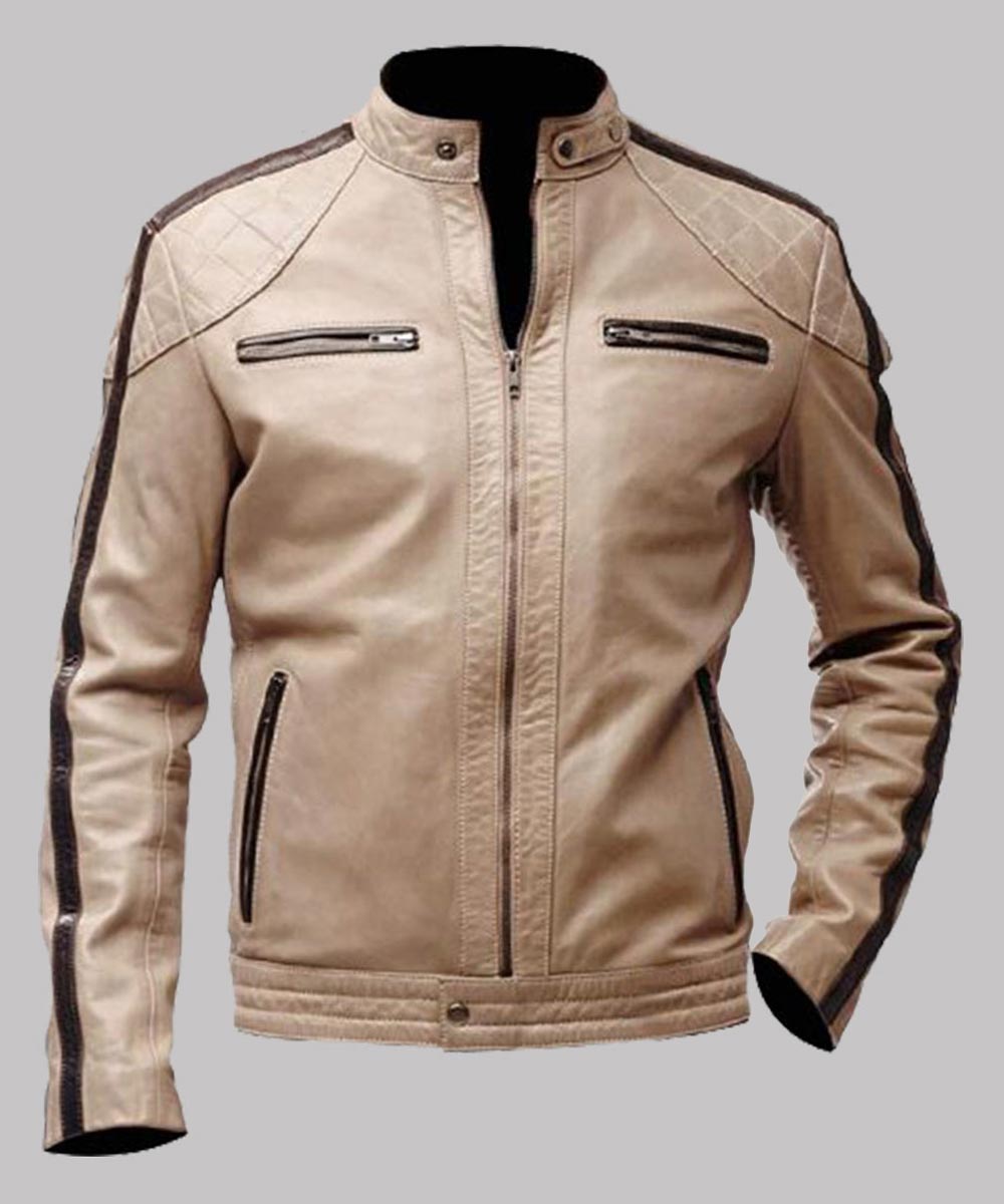 Men’s Biker Beige Color Leather Jacket Leather Jacket men front product view | Dash Racegear — Men's Biker Beige Color Leather Jacket