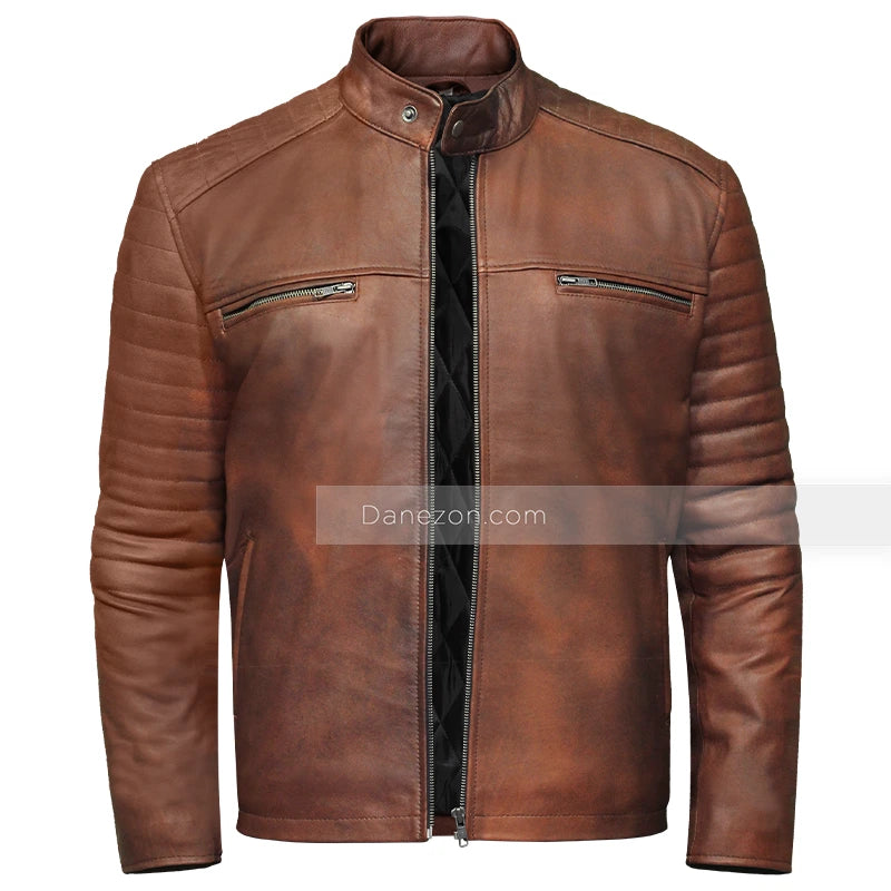 Men Brown Biker Leather Jacket Leather Jacket men front product view | Dash Racegear — Brown Biker Leather Jacket