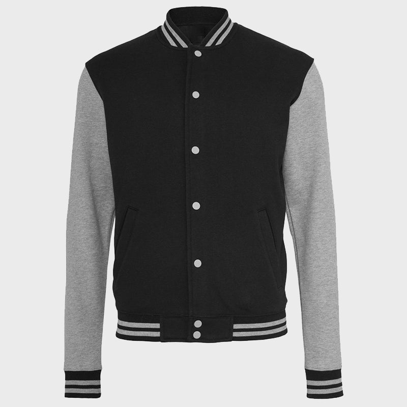 Mens Black And Grey Varsity Jacket Varsity Jacket unisex front product view | Dash Racegear — Black And Grey Varsity Jacket