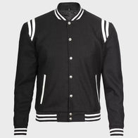 Mens Black And White Baseball Varsity Jacket Varsity Jacket unisex front product view | Dash Racegear — Men's Baseball White And Black Letterman Varsity Jacket